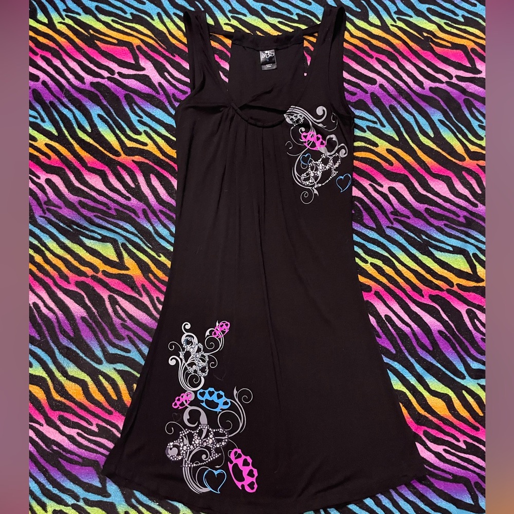 Y2K vintage 2000s affliction SoCal grunge Black Dress with Pink and Blue Details
